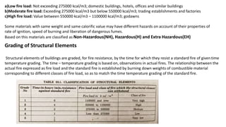 a)Low fire load: Not exceeding 275000 kcal/m3; domestic buildings, hotels, offices and similar buildings
b)Moderate fire load: Exceeding 275000 kcal/m3 but below 550000 kcal/m3; trading establishments and factories
c)High fire load: Value between 550000 kcal/m3 – 1100000 kcal/m3; godawns
Some materials with same weight and same calorific value may have different hazards on account of their properties of
rate of ignition, speed of burning and liberation of dangerous fumes.
Based on this materials are classified as Non-Hazardous(NH), Hazardous(H) and Extra Hazardous(EH)
Grading of Structural Elements
Structural elements of buildings are graded, for fire resistance, by the time for which they resist a standard fire of given time
temperature grading. The time – temperature grading is based on, observations in actual fires. The relationship between the
actual fire expressed as fire load and the standard fire is established by burning down weights of combustible material
corresponding to different classes of fire load, so as to match the time temperature grading of the standard fire.
 