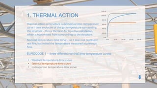 1. THERMAL ACTION
0.00 50.00 100.00 150.00 200.00
0.00
200.00
400.00
600.00
800.00
1000.00
1200.00
Thermal action on structure is defined as time -temperature
curve - time evolution of the gas temperature surrounding
the structure – this is the basis for heat flux calculation,
which is transmitted from surrounding to the structure.
Nominal temperature-time curve – as it does not represent
real fire, but insted the temperature measured at previous
fires.
EUROCODE 1 – three different nominal time-temperature curves
• Standard temperature-time curve
• External temperature-time curve
• Hydrocarbon temperature-time curve
 