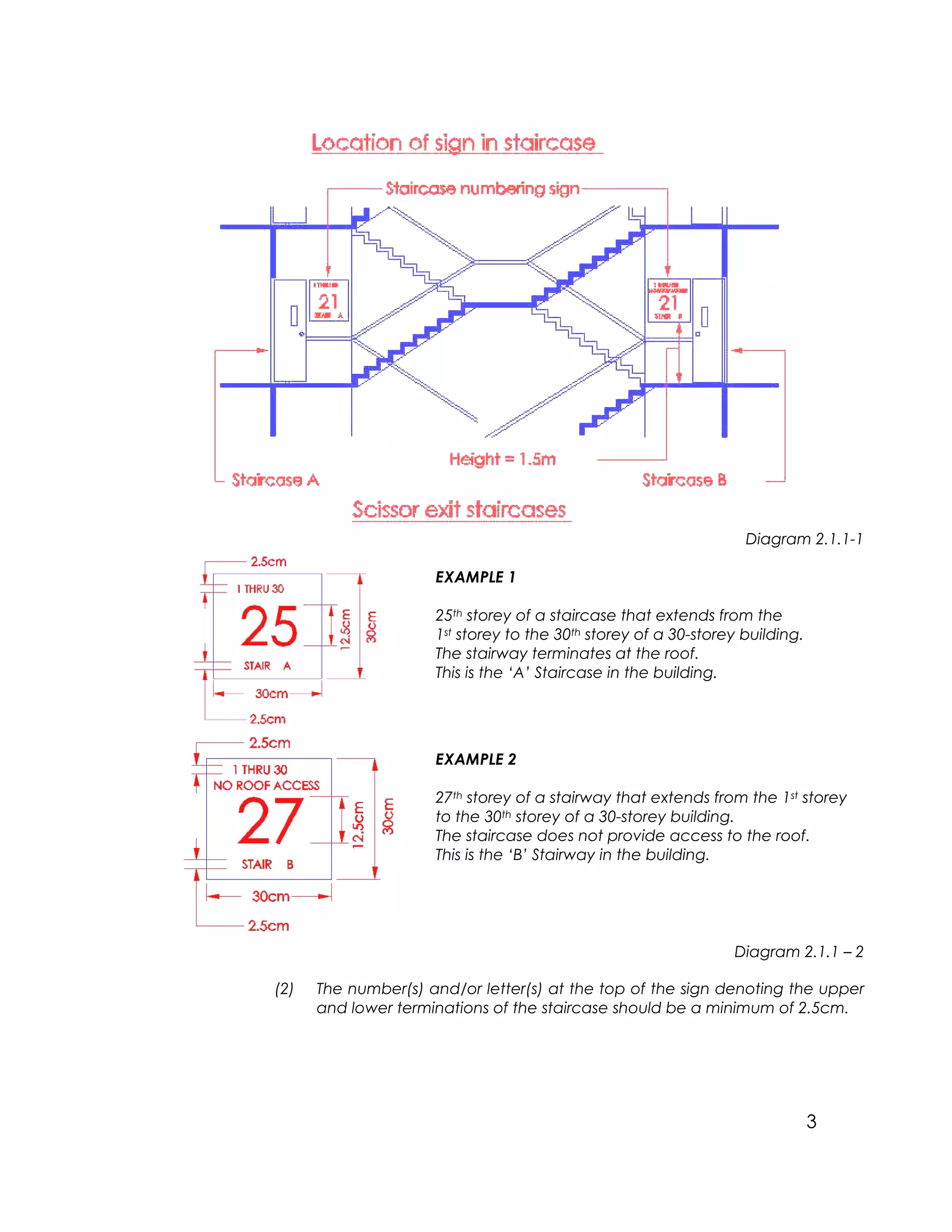 3
Diagram 2.1.1-1
EXAMPLE 1
25th storey of a staircase that extends from the
1st storey to the 30th storey of a 30-storey building.
The stairway terminates at the roof.
This is the ‘A’ Staircase in the building.
EXAMPLE 2
27th storey of a stairway that extends from the 1st storey
to the 30th storey of a 30-storey building.
The staircase does not provide access to the roof.
This is the ‘B’ Stairway in the building.
Diagram 2.1.1 – 2
(2) The number(s) and/or letter(s) at the top of the sign denoting the upper
and lower terminations of the staircase should be a minimum of 2.5cm.
 