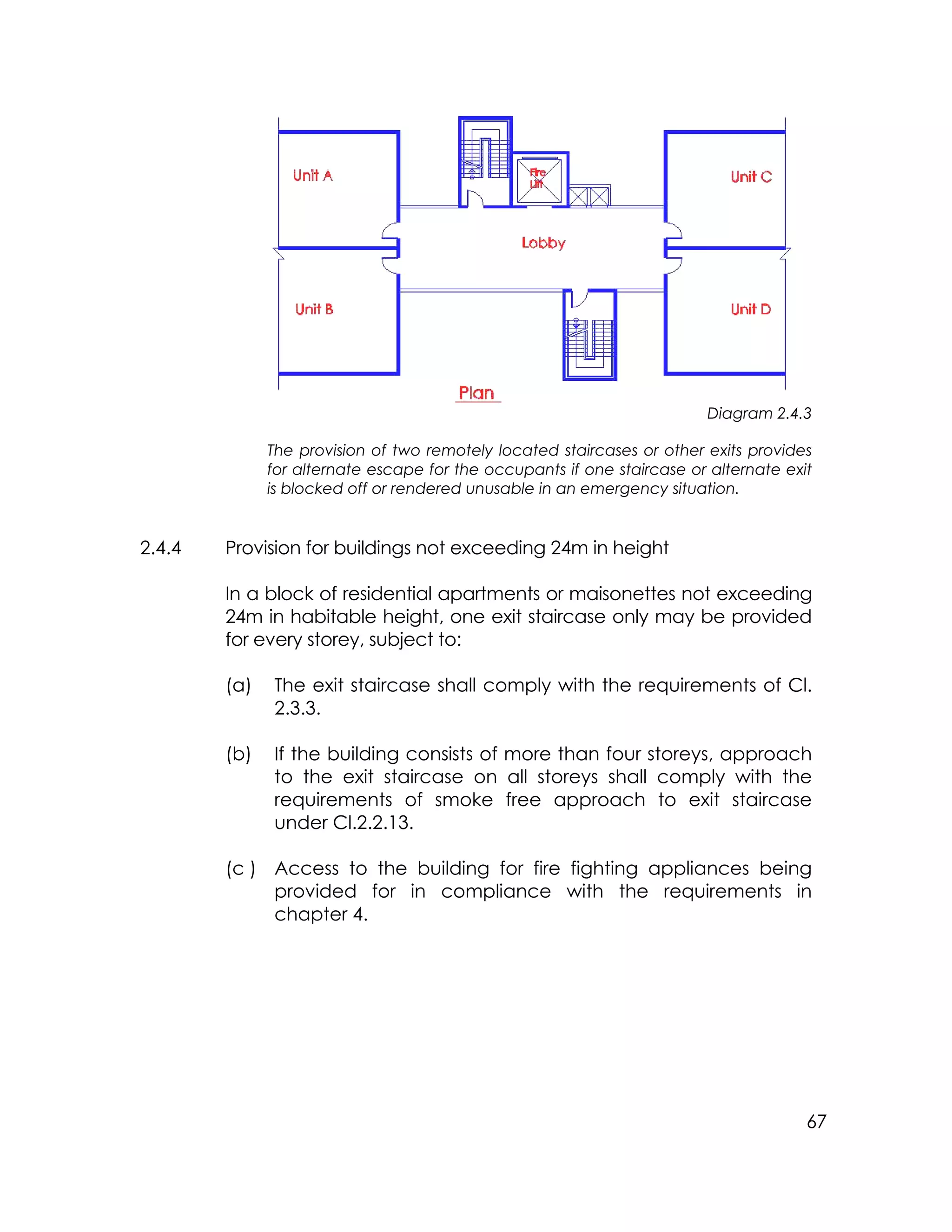 67
Diagram 2.4.3
The provision of two remotely located staircases or other exits provides
for alternate escape for the occupants if one staircase or alternate exit
is blocked off or rendered unusable in an emergency situation.
2.4.4 Provision for buildings not exceeding 24m in height
In a block of residential apartments or maisonettes not exceeding
24m in habitable height, one exit staircase only may be provided
for every storey, subject to:
(a) The exit staircase shall comply with the requirements of Cl.
2.3.3.
(b) If the building consists of more than four storeys, approach
to the exit staircase on all storeys shall comply with the
requirements of smoke free approach to exit staircase
under Cl.2.2.13.
(c ) Access to the building for fire fighting appliances being
provided for in compliance with the requirements in
chapter 4.
 