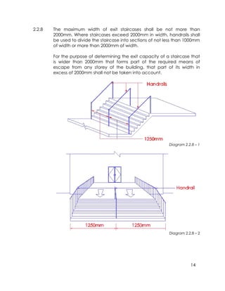 14
2.2.8 The maximum width of exit staircases shall be not more than
2000mm. Where staircases exceed 2000mm in width, handrails shall
be used to divide the staircase into sections of not less than 1000mm
of width or more than 2000mm of width.
For the purpose of determining the exit capacity of a staircase that
is wider than 2000mm that forms part of the required means of
escape from any storey of the building, that part of its width in
excess of 2000mm shall not be taken into account.
Diagram 2.2.8 – 1
Diagram 2.2.8 – 2
 