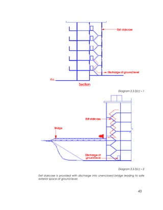 43
Diagram 2.3.3(c) – 1
Diagram 2.3.3(c) – 2
Exit staircase is provided with discharge into unenclosed bridge leading to safe
exterior space at ground level.
 