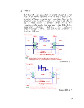 61
(g) Alcove
Exit door of each residential unit shall be located at not
more than 500mm from the strata-title line to prevent the
creation of large entrance alcove/corridor. However, in
situation where the entrance alcove/corridor leads into an
open sided common corridor which meets the
requirements for smoke free approach under Cl.2.4.8, the
separation distance between the entrance
alcove/corridor and the nearest exit staircase shall not be
less than 3000mm.
Diagram 2.3.9 (g)-1
Diagram 2.3.9 (g)-2
 