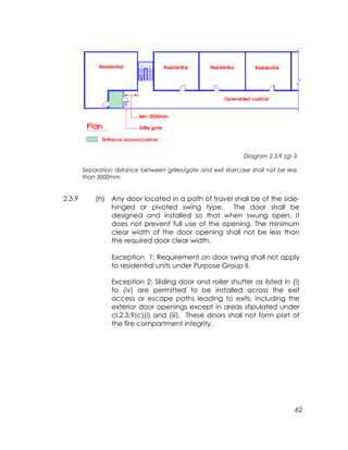 62
Diagram 2.3.9 (g)-3
Separation distance between grilles/gate and exit staircase shall not be less
than 3000mm.
2.3.9 (h) Any door located in a path of travel shall be of the side-
hinged or pivoted swing type. The door shall be
designed and installed so that when swung open, it
does not prevent full use of the opening. The minimum
clear width of the door opening shall not be less than
the required door clear width.
Exception 1: Requirement on door swing shall not apply
to residential units under Purpose Group II.
Exception 2: Sliding door and roller shutter as listed in (i)
to (iv) are permitted to be installed across the exit
access or escape paths leading to exits, including the
exterior door openings except in areas stipulated under
cl.2.3.9(c)(i) and (iii). These doors shall not form part of
the fire compartment integrity.
 