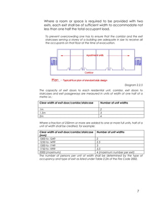 7
Where a room or space is required to be provided with two
exits, each exit shall be of sufficient width to accommodate not
less than one half the total occupant load.
To prevent overcrowding one has to ensure that the corridor and the exit
staircases serving a storey of a building are adequate in size to receive all
the occupants on that floor at the time of evacuation.
Diagram 2.2.5
The capacity of exit doors to each residential unit, corridor, exit doors to
staircases and exit passgeways are measured in units of width of one half of a
metre i.e.:
Clear width of exit door/corridor/staircase Number of unit widths
1m 2
1.5m 3
2m 4
Where a fraction of 250mm or more are added to one or more full units, half of a
unit of width shall be credited, for example:
Clear width of exit door/corridor/staircase
(mm)
Number of unit widths
1000 to 1249 2
1250 to 1499 2.5
1500 to 1749 3
1750 to 1999 3.5
2000 (maximum) 4 (maximum number per exit)
The number of persons per unit of width shall be determined by the type of
occupancy and type of exit as listed under Table 2.2A of the Fire Code 2002.
 