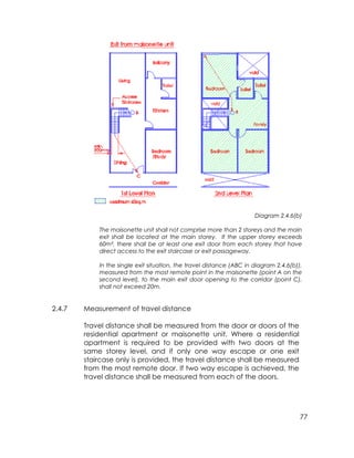 77
Diagram 2.4.6(b)
The maisonette unit shall not comprise more than 2 storeys and the main
exit shall be located at the main storey. If the upper storey exceeds
60m², there shall be at least one exit door from each storey that have
direct access to the exit staircase or exit passageway.
In the single exit situation, the travel distance (ABC in diagram 2.4.6(b)),
measured from the most remote point in the maisonette (point A on the
second level), to the main exit door opening to the corridor (point C),
shall not exceed 20m.
2.4.7 Measurement of travel distance
Travel distance shall be measured from the door or doors of the
residential apartment or maisonette unit. Where a residential
apartment is required to be provided with two doors at the
same storey level, and if only one way escape or one exit
staircase only is provided, the travel distance shall be measured
from the most remote door. If two way escape is achieved, the
travel distance shall be measured from each of the doors.
 