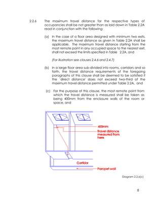 8
2.2.6 The maximum travel distance for the respective types of
occupancies shall be not greater than as laid down in Table 2.2A
read in conjunction with the following:
(a) In the case of a floor area designed with minimum two exits,
the maximum travel distance as given in Table 2.2A shall be
applicable. The maximum travel distance starting from the
most remote point in any occupied space to the nearest exit,
shall not exceed the limits specified in Table 2.2A, and
(For illustration see clauses 2.4.6 and 2.4.7)
(b) In a large floor area sub-divided into rooms, corridors and so
forth, the travel distance requirements of the foregoing
paragraphs of this clause shall be deemed to be satisfied if
the `direct distance' does not exceed two-third of the
maximum travel distance permitted under Table 2.2A, and
(c) For the purpose of this clause, the most remote point from
which the travel distance is measured shall be taken as
being 400mm from the enclosure walls of the room or
space, and
Diagram 2.2.6(c)
 