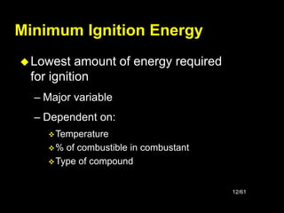 12/61
Minimum Ignition Energy
Lowest amount of energy required
for ignition
– Major variable
– Dependent on:
Temperature
% of combustible in combustant
Type of compound
 