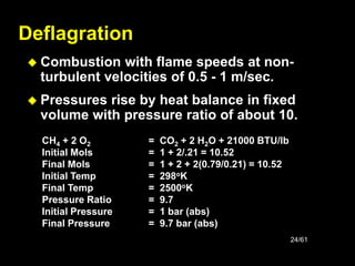 24/61
Deflagration
 Combustion with flame speeds at non-
turbulent velocities of 0.5 - 1 m/sec.
 Pressures rise by heat balance in fixed
volume with pressure ratio of about 10.
CH4 + 2 O2 = CO2 + 2 H2O + 21000 BTU/lb
Initial Mols = 1 + 2/.21 = 10.52
Final Mols = 1 + 2 + 2(0.79/0.21) = 10.52
Initial Temp = 298oK
Final Temp = 2500oK
Pressure Ratio = 9.7
Initial Pressure = 1 bar (abs)
Final Pressure = 9.7 bar (abs)
 