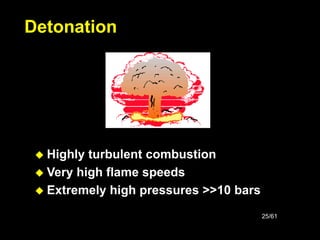 25/61
Detonation
 Highly turbulent combustion
 Very high flame speeds
 Extremely high pressures >>10 bars
 