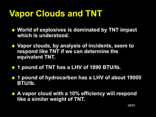 38/61
Vapor Clouds and TNT
 World of explosives is dominated by TNT impact
which is understood.
 Vapor clouds, by analysis of incidents, seem to
respond like TNT if we can determine the
equivalent TNT.
 1 pound of TNT has a LHV of 1890 BTU/lb.
 1 pound of hydrocarbon has a LHV of about 19000
BTU/lb.
 A vapor cloud with a 10% efficiency will respond
like a similar weight of TNT.
 