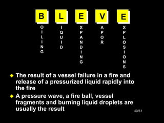 40/61
 The result of a vessel failure in a fire and
release of a pressurized liquid rapidly into
the fire
 A pressure wave, a fire ball, vessel
fragments and burning liquid droplets are
usually the result
B L E V
O
I
L
I
N
G
I
Q
U
I
D
X
P
A
N
D
I
N
G
X
P
L
O
S
I
O
N
S
E
A
P
O
R
 