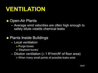 59/61
VENTILATION
 Open-Air Plants
– Average wind velocities are often high enough to
safely dilute volatile chemical leaks
 Plants Inside Buildings
– Local ventilation
 Purge boxes
 ‘Elephant trunks’
– Dilution ventilation (1 ft3/min/ft2 of floor area)
 When many small points of possible leaks exist
 