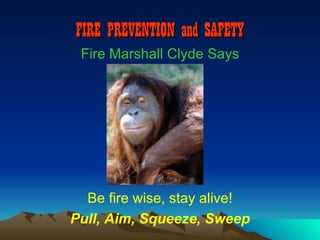 FIRE PREVENTION and SAFETY
 Fire Marshall Clyde Says




  Be fire wise, stay alive!
Pull, Aim, Squeeze, Sweep
 