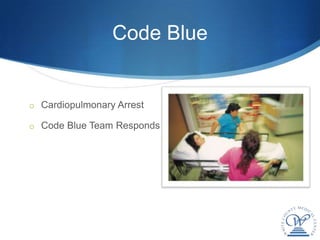 Code Blue


o Cardiopulmonary Arrest

o Code Blue Team Responds
 