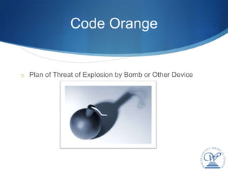 Code Orange


o Plan of Threat of Explosion by Bomb or Other Device
 