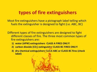 types of fire extinguishers
Most fire extinguishers have a pictograph label telling which
  fuels the extinguisher is designed to fight (i.e. ABC, BC)

Different types of fire extinguishers are designed to fight
   different classes of fire. The three most common types of
   fire extinguishers are:
   1) water (APW) extinguishers CLASS A FIRES ONLY!
   2) carbon dioxide (CO2) extinguisher CLASS BC FIRES ONLY!
   3) dry chemical extinguishers CLASS ABC or CLASS BC fires (check
      label)



                            6

                                                                      6
 
