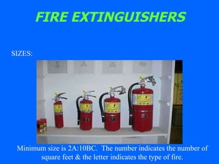 FIRE EXTINGUISHERS SIZES: Minimum size is 2A:10BC.  The number indicates the number of square feet & the letter indicates the type of fire. 