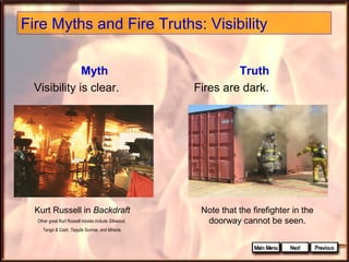 Fire Myths and Fire Truths: Visibility
Myth
Visibility is clear.

Kurt Russell in Backdraft
Other great Kurt Russell movies include Silkwood,
Tango & Cash, Tequila Sunrise, and Miracle.

Truth
Fires are dark.

Note that the firefighter in the
doorway cannot be seen.

 