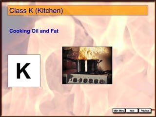 Class K (Kitchen)
Cooking Oil and Fat

 