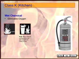 Class K (Kitchen)
Wet Chemical
•

Eliminates Oxygen

Note: Many Class K
extinguishers are
also suitable for
Class A fires.

 
