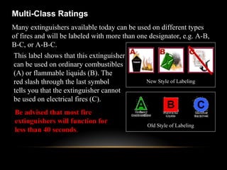 This label shows that this extinguisher
can be used on ordinary combustibles
(A) or flammable liquids (B). The
red slash through the last symbol
tells you that the extinguisher cannot
be used on electrical fires (C).
Multi-Class Ratings
New Style of Labeling
Old Style of Labeling
Be advised that most fire
extinguishers will function for
less than 40 seconds.
Many extinguishers available today can be used on different types
of fires and will be labeled with more than one designator, e.g. A-B,
B-C, or A-B-C.
 