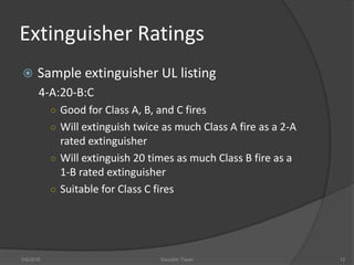 Extinguisher Ratings
 Sample extinguisher UL listing
4-A:20-B:C
○ Good for Class A, B, and C fires
○ Will extinguish twice as much Class A fire as a 2-A
rated extinguisher
○ Will extinguish 20 times as much Class B fire as a
1-B rated extinguisher
○ Suitable for Class C fires
5/9/2016 Saurabh Tiwari 12
 