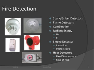 Fire Detection
 Spark/Ember Detectors
 Flame Detectors
 Combination
 Radiant Energy
 UV
 IR
 Smoke Detector
 Ionization
 Photoelectric
 Heat Detectors
 Fixed Temperature
 Rate-of-Rise
5/9/2016 Saurabh Tiwari 18
 