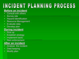 Before an incident
 Consult with others
 Survey site
 Hazard Identification
 Resource Management
 Evaluate data
 Develop plan
During incident
 Size up
 Establish strategy
 Implement tactic
 Rein enforcement
After an incident
 Analyse the incident
 Data keeping
 Modify plan
 