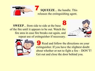 Read and follow the directions on your
extinguisher. If you have the slightest doubt
about whether or not to fight a fire – DON’T!
Get out and close the door behind you.
SQUEEZE... the handle. This
releases the extinguishing agent.
7
8
9
SWEEP... from side to side at the base
of the fire until it appears to be out. Watch the
fire area in case fire breaks out again, and
repeat use of extinguisher if necessary.
 