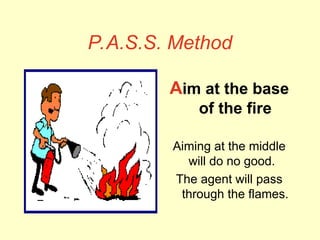 P.A.S.S. Method
Aim at the base
of the fire
Aiming at the middle
will do no good.
The agent will pass
through the flames.
 