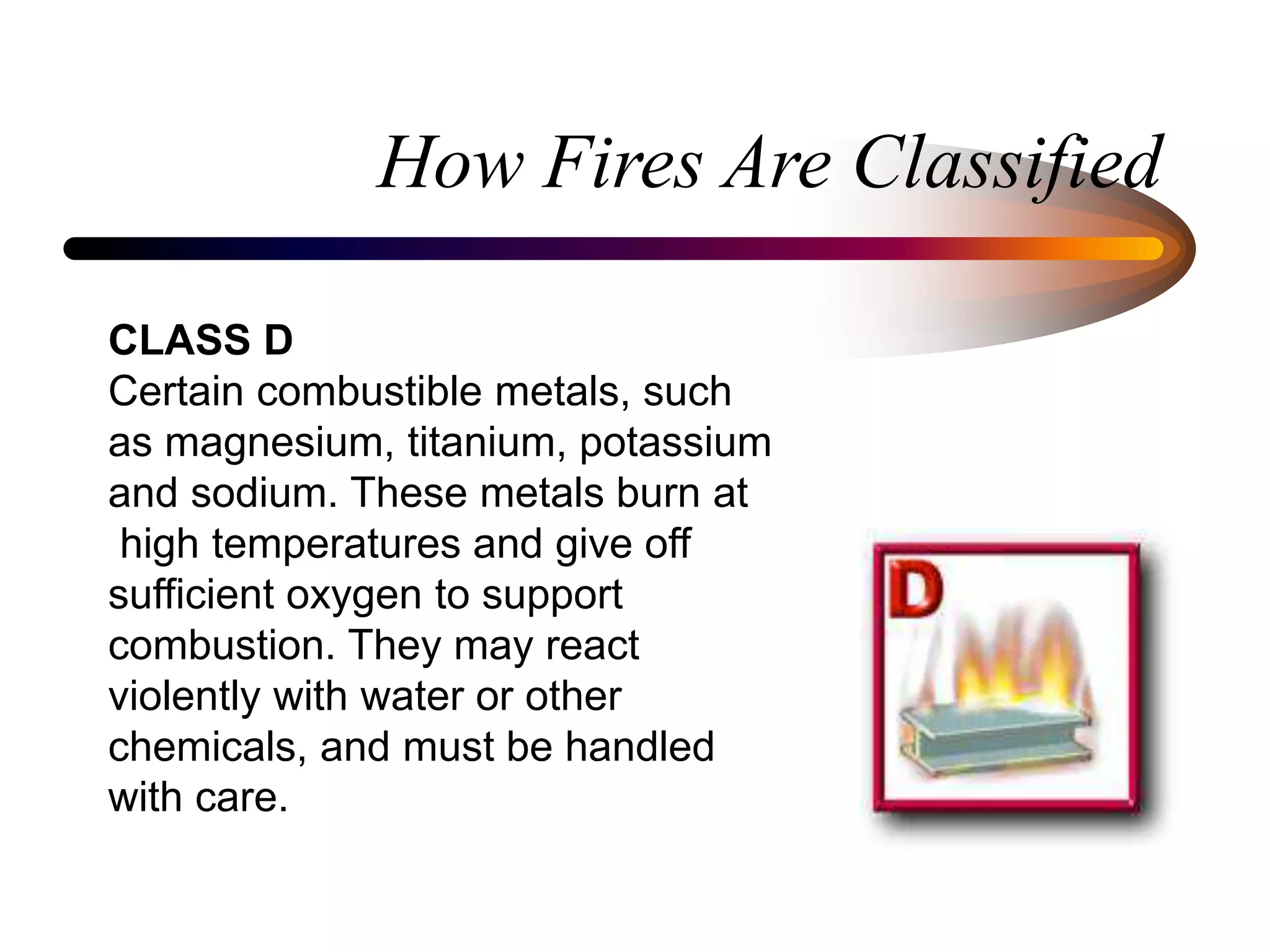 How Fires Are Classified
CLASS D
Certain combustible metals, such
as magnesium, titanium, potassium
and sodium. These metals burn at
high temperatures and give off
sufficient oxygen to support
combustion. They may react
violently with water or other
chemicals, and must be handled
with care.
 