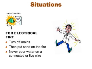 FOR ELECTRICAL
FIRE
Turn off mains
Then put sand on the fire
Never pour water on a
connected or live wire
Situations
 