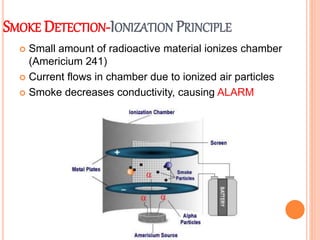 SMOKE DETECTION-IONIZATION PRINCIPLE
 Small amount of radioactive material ionizes chamber
(Americium 241)
 Current flows in chamber due to ionized air particles
 Smoke decreases conductivity, causing ALARM
 