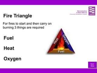 Fire Triangle
For fires to start and then carry on
burning 3 things are required
Fuel
Heat
Oxygen
Next
Slide
 
