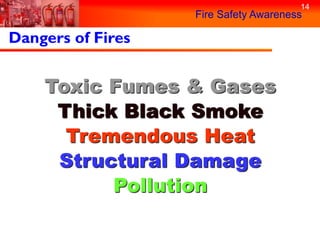 14
                   Fire Safety Awareness

Dangers of Fires


    Toxic Fumes & Gases
     Thick Black Smoke
      Tremendous Heat
     Structural Damage
          Pollution
 