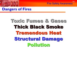 14
                   Fire Safety Awareness

Dangers of Fires


    Toxic Fumes & Gases
     Thick Black Smoke
      Tremendous Heat
     Structural Damage
          Pollution
 