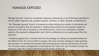 MANAGE EXPOSED
• Manage Exposed" means to coordinate measures involving any or all of the items specified in
the fire safety objectives (eg.. people, property, activities, or other valuable considerations).
• The "Manage Exposed" branch is achieved by either limiting the number of individuals and
amount of property that are exposed or safeguarding all persons and property subject to
exposure .In the case of property or immobile persons, such as non ambulatory hospital
patients, the exposed is safeguarded most often by defending the occupied space from fire
exposure.
• "Hardening against fire” is another term for the strategy of making the exposed resistant to
the effects of fire. For more mobile occupants, the most common strategy for safe guarding
the exposed is to relocate the exposed while protecting the route for the duration of transit.
This includes smoke management as described by the "Vent Fire" and "Confine/ Contain Fire"
elements under the "Control Movement of Fire branch of the tree.
 