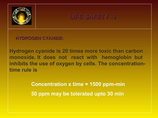LLIIFFEE SSAAFFEETTYY --33 
HHYYDDRROOGGEENN CCYYAANNIIDDEE:: 
Hydrogen cyanide is 20 times more toxic than carbon 
monoxide. It does not react with hemoglobin but 
inhibits the use of oxygen by cells. The concentration-time 
rule is 
Concentration x time = 1500 ppm-min 
50 ppm may be tolerated upto 30 min 
 
