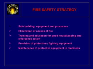FFIIRREE SSAAFFEETTYY SSTTRRAATTEEGGYY 
 SSaaffee bbuuiillddiinngg,, eeqquuiippmmeenntt aanndd pprroocceesssseess 
 EElliimmiinnaattiioonn ooff ccaauusseess ooff ffiirree 
 TTrraaiinniinngg aanndd eedduuccaattiioonn ffoorr ggoooodd hhoouusseekkeeeeppiinngg aanndd 
eemmeerrggeennccyy aaccttiioonn 
 PPrroovviissiioonn ooff pprrootteeccttiioonn // ffiigghhttiinngg eeqquuiippmmeenntt 
 MMaaiinntteennaannccee ooff pprrootteeccttiivvee eeqquuiippmmeenntt iinn rreeaaddiinneessss 
 
