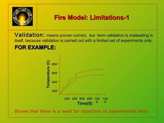 FFOORR EEXXAAMMPPLLEE:: 
800 
600 
400 
200 
200 400 600 800 100 
0 
120 
Time(S) 0 
Temperature (C) 
FFiirree MMooddeell:: LLiimmiittaattiioonnss--11 
Validation: means proven correct, but term validation is misleading in 
itself, because validation is carried out with a limited set of experiments only. 
Shows that there is a need for repetition of experimental tests. 
 