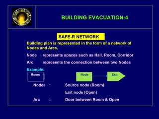 BBUUIILLDDIINNGG EEVVAACCUUAATTIIOONN--44 
SAFE-R NETWORK 
Building plan is represented in the form of a network of 
Nodes and Arcs. 
Node represents spaces such as Hall, Room, Corridor 
Arc represents the connection between two Nodes 
Example: 
Room Node Exit 
Nodes : Source node (Room) 
Exit node (Open) 
Arc : Door between Room & Open 
 
