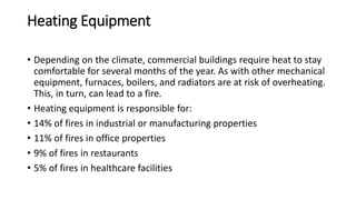 Heating Equipment
• Depending on the climate, commercial buildings require heat to stay
comfortable for several months of the year. As with other mechanical
equipment, furnaces, boilers, and radiators are at risk of overheating.
This, in turn, can lead to a fire.
• Heating equipment is responsible for:
• 14% of fires in industrial or manufacturing properties
• 11% of fires in office properties
• 9% of fires in restaurants
• 5% of fires in healthcare facilities
 