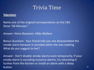 Trivia Time
30
Television
Name one of the original correspondents on the CBS
Show “60 Minutes.”
Answer: Harry Reasoner, Mike Wallace
Bonus Question: Your friend tells you she disassembled the
smoke alarm because it sounded when she was cooking.
What do you suggest to her?
Answer: Don’t disable smoke alarms even temporarily. If your
smoke alarm is sounding nuisance alarms, try relocating it
further from the kitchen or install an alarm with a delay
button.
 