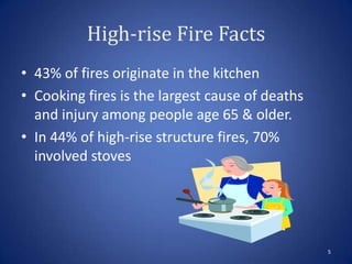 High-rise Fire Facts
• 43% of fires originate in the kitchen
• Cooking fires is the largest cause of deaths
and injury among people age 65 & older.
• In 44% of high-rise structure fires, 70%
involved stoves
5
 
