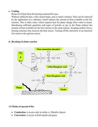 c. Cooling
Removal of heat from the burning material/fire area.
Without sufficient heat, a fire cannot begin, and it cannot continue. Heat can be removed
by the application of a substance which reduces the amount of heat available to the fire
reaction. This is often water, which requires heat for phase change from water to steam.
Introducing sufficient quantities and types of powder or gas in the flame reduces the
amount of heat available for the fire reaction in the same manner. Scraping embers from a
burning structure also removes the heat source. Turning off the electricity in an electrical
fire removes the ignition source.
d. Breaking of chain reaction
1.5 Modes of spread of fire
• Conduction- it occurs only in solids i.e. Metallic objects
• Convection- it occurs in both liquids and gases.
 
