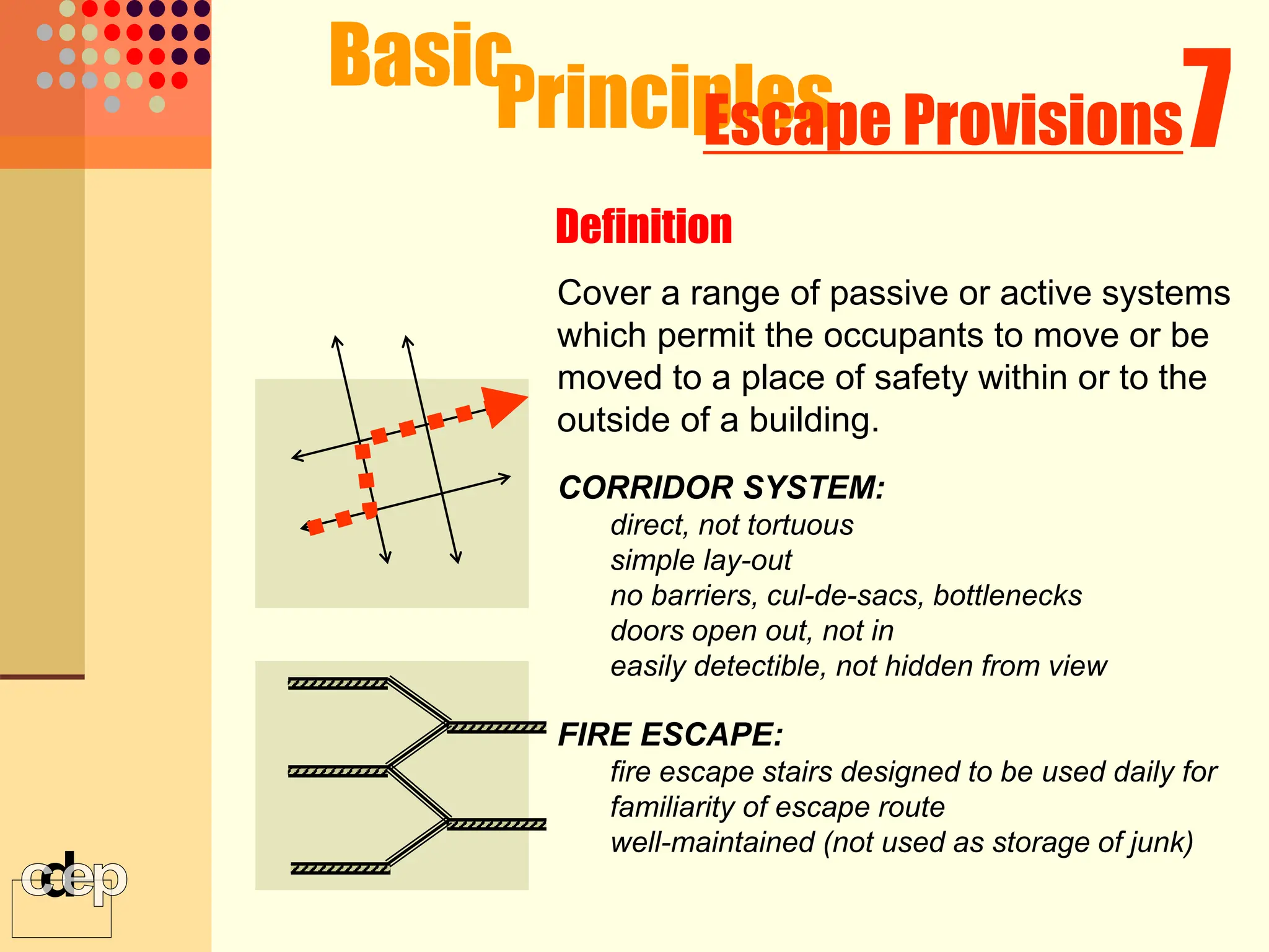 Cover a range of passive or active systems
which permit the occupants to move or be
moved to a place of safety within or to the
outside of a building.
FIRE ESCAPE:
fire escape stairs designed to be used daily for
familiarity of escape route
well-maintained (not used as storage of junk)
CORRIDOR SYSTEM:
direct, not tortuous
simple lay-out
no barriers, cul-de-sacs, bottlenecks
doors open out, not in
easily detectible, not hidden from view
Basic
Principles 7
Escape Provisions
Definition
 