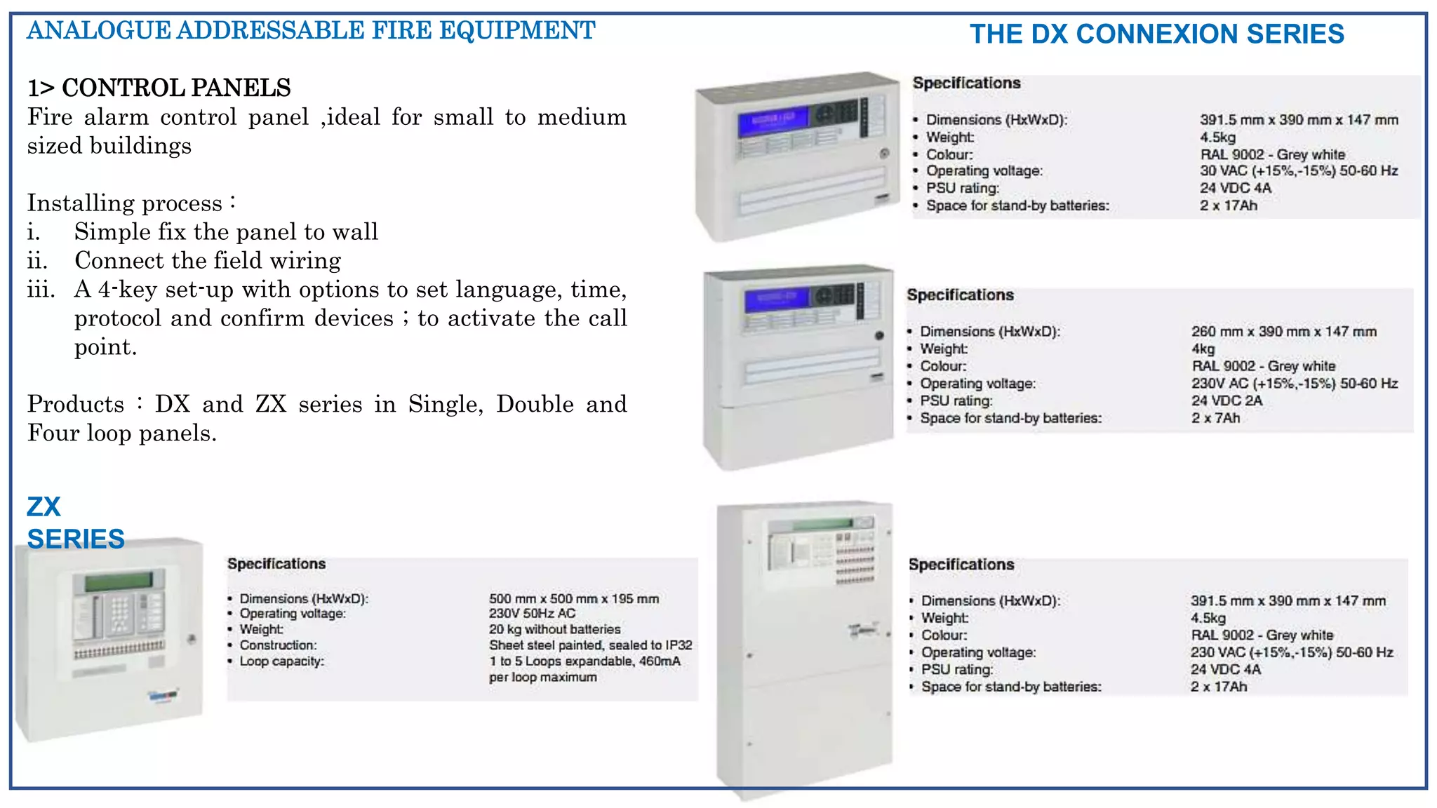 ANALOGUE ADDRESSABLE FIRE EQUIPMENT
1> CONTROL PANELS
Fire alarm control panel ,ideal for small to medium
sized buildings
Installing process :
i. Simple fix the panel to wall
ii. Connect the field wiring
iii. A 4-key set-up with options to set language, time,
protocol and confirm devices ; to activate the call
point.
Products : DX and ZX series in Single, Double and
Four loop panels.
THE DX CONNEXION SERIES
ZX
SERIES
 