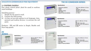 ANALOGUE ADDRESSABLE FIRE EQUIPMENT
1> CONTROL PANELS
Fire alarm control panel ,ideal for small to medium
sized buildings
Installing process :
i. Simple fix the panel to wall
ii. Connect the field wiring
iii. A 4-key set-up with options to set language, time,
protocol and confirm devices ; to activate the call
point.
Products : DX and ZX series in Single, Double and
Four loop panels.
THE DX CONNEXION SERIES
ZX
SERIES
 