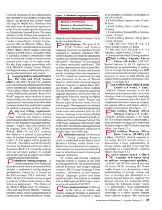 USAFAS instruction by providing lectures         Figure 1.4 Elemental Language Proficiency           as an example to gradually promulgate to
and seminars for our students on topics that                                                         the USAADAS):
address geo-political and cultural trends           • Speaking 0 : No Proficiency
                                                                                                       • Field Artillery Captains Career Course:
affecting the Middle East, Northeast Asia                                                            36 hours
                                                    • Speaking 0+: Memorized Proficiency
and other areas of operational significance                                                            • Field Artillery Basic Leader Course:
                                                    • Speaking 1: Elementary Proficiency
to the Army to include specific discussions                                                          10 hours
on Afghanistan, Iraq and Korea. The target                                                             • Field Artillery Warrant Officer Advance
audience for the lectures and seminars are                                                           Course: 15 hours
the noncommissioned officers (Advanced           Japan, Korea: Culture and Customs,” by Ju             • Field Artillery Warrant Officer Basic
Leader Course/Senior Leader Course,              Brown and John Brown.                               Course: 22 hours
warrant officers (Warrant Officer Basic
and Advanced Courses) and commissioned
officers (Basic Officer Leader Course and
                                                 F      oreign language. The goal of the
                                                           FCoE Culture and Foreign
                                                 Language Program is to introduce foreign
                                                                                                       • 13B/13D/13F/13M/13P/13R/13T
                                                                                                     Senior Leader Course: 2.5 hours
                                                                                                       • 13B/13D/13F/13M/13P/13R/13T
Captains Career Course). The lecture-series      language to students attending PME                  Advance Leader Course: 2.5 hours
is scheduled as part of commandant’s time        instruction and to give them the opportunity          • Advanced Individual Training: one hour
and is conducted in sixty-to-ninety minute
sessions once every six to eight weeks.
We also have ongoing partnerships with
                                                 to achieve an elemental language proficiency
                                                 of Level 0+, 1 (See figure 1.4.) in a language
                                                 of military operational significance. This
                                                                                                      F     ield Artillery Captains Career
                                                                                                               Course (24 weeks). USAFAS’
                                                                                                     desired outcome is for FA captains to
DLI, TRADOC Culture Center, Military             includes opportunities to learn Afghan Dari,        demonstrate an understanding of culture,
Intelligence Center at Fort Huachuca, Ariz.,     Pashto, Iraqi Arabic, Korean and Russian            how to leverage that knowledge in a JIIM
among other institutions and centers.            prior to reporting to their unit assignments.       environment and with a level of competence

L      everaging the International Student
          Division and FCoE liaison
officers. All BOLC-B and CCC students
                                                 All PME students are issued and provided
                                                 basic instruction on the use of “Rosetta
                                                 Stone” or multi-platform tactical language
                                                                                                     necessary to serve as staff officers and
                                                                                                     leaders within a complex environment. (See
                                                                                                     figure 1.5 on page 34.)
receive country and cultural briefs from their
fellow international students and assigned
FCoE liaison officers during the resident
                                                 software programs in tactical Iraqi, Dari,
                                                 and Pashto. In addition, those students
                                                 who are interested in receiving additional
                                                                                                      F     ield Artillery Basic Officer Leader
                                                                                                               Course (18 weeks, 4 days).
                                                                                                     USAFAS’ desired outcome is for FA
course. Additionally, monthly “Know Your         language instruction will be provided the           lieutenants to demonstrate a basic awareness
World” program assists students in better        opportunity to receive training on Afghan           of culture, how to leverage that knowledge
understanding the culture and geo-political      Dari, Pashto, Iraqi Arabic, Korean and              in a JIIM environment and with a level of
significance of the country from where their     Russian as part of a twelve-week, 24-to-36          competence necessary to serve as company
classmate comes from and further expands         hour program. This opportunity is voluntary         fire support officers and leaders within a
the student’s awareness of other cultures.       and instruction is provided through internal        complex environment. (See figure 1.5.)

 A       nalytical writing requirement.
            To address the need to develop
critical thinking and improve written
                                                 school assets and assistance from the DLI
                                                 Foreign Language Center during off-duty
                                                 language sessions coordinated by the FCoE
                                                                                                      F     ield Artillery Warrant Officer
                                                                                                               Advance Course (10 weeks).
                                                                                                     USAFAS’ desired outcome is for junior
communication capabilities in our leaders, a     Culture and Foreign Language Advisor. The           W131A warrant officers to demonstrate a
three-to-five page analytical paper (double-     DLI Foreign Language Center also provides           basic awareness of culture, how to leverage
spaced, 12-pitch, times new roman) will          a web-site to facilitate the language training      that knowledge as a BCT/division targeting
be required from ALC, SLC, WOBC,                 and sustainment proficiency which can be            officer. (See figure 1.5.)
WOAC, BOLC-B and CCC students
that addresses a cultural or geo-political
topic of military operational significance
                                                 found at http://www.dliflc.edu.

                                                  A       dditional resources. A Culture and
                                                             Foreign Language Resource
                                                                                                      F     ield Artillery Warrant Officer
                                                                                                               Basic Course (WOBC) (33
                                                                                                     weeks). USAFAS’ desired outcome is
to the U.S. The papers will be graded by         Center is established in the Morris Swett           for senior W131A warrant officers to
USAFAS, USAADAS and NCOA faculty                 Technical Library within Snow Hall.                 demonstrate a basic understanding of
members and feedback will be provided to         Students are provided access to computers,          foreign culture, and how to leverage that
the student. The FCoE is currently working       cultural resources and professional reading         knowledge as a Corps/Theater targeting
with our university partners to contract         material to facilitate research, learning and       officer. (See figure 1.5.)
and/or hire a person to support our written
communications requirements.
                                                 language proficiency.
                                                     The Culture and Foreign Language                 N       on-Commissioned Officer
                                                                                                                Academy (4-8 weeks based

P       rofessional reading program. A
        critical component of our leadership
development and cultural awareness efforts
                                                 Program website is located on the Fires
                                                 Knowledge Network. The website contains
                                                 cultural awareness and foreign language
                                                                                                     on military occupational specialty).
                                                                                                     USAFAS’ and NCOA’s desired outcome
                                                                                                     for senior NCOs attending the Senior
includes a professional reading program          resources, DLI Foreign Language Center              Leader Course is to demonstrate a basic
(professional reading list is located on         resources, information on past lectures,            understanding of foreign culture and
the FKN-accessed CFLP web-site). All             foreign languages guides and other                  how to leverage that knowledge as a
BOLC-B and CCC students are encouraged           significant links. The website is available         platoon sergeant and/or first sergeant. The
to read one of three books based on their        with an AKO login on FKN at https://www.            desired outcome for mid-grade NCOs
follow-on assignments: “The History of           us.army.mil/suite/doc/21617522.                     attending the Advanced Leader Course
the Modern Middle East,” by William L.
Cleveland and Martin Bunton; “Taliban:
Militant Islam, Oil and Fundamentalism in
                                                  C      ourse implementation. Following
                                                            is the roll-up of Culture and
                                                 Foreign Language Program of instruction
                                                                                                     is to demonstrate a basic understanding
                                                                                                     of culture and how to leverage that
                                                                                                     knowledge as a senior section sergeant
Central Asia,” by Ahmed Rashid; or “China,       hours (programmed). (USAFAS is taken                and/or platoon sergeant. The instruction
                                                                                           sill-www.army.mil/firesbulletin/ • January-February 2011   27
 